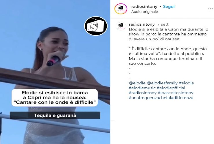Malore di Elodie durante l'esibizione