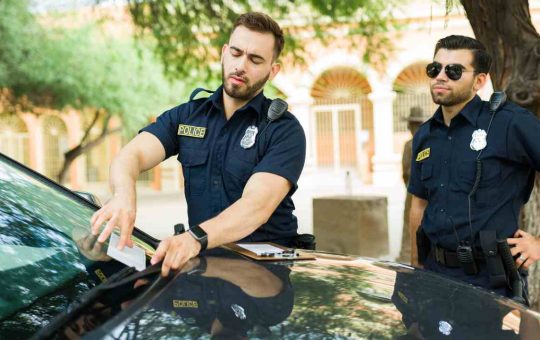 Agenti di polizia che inseriscono una multa nei tergicristalli - Lineadiretta24.it