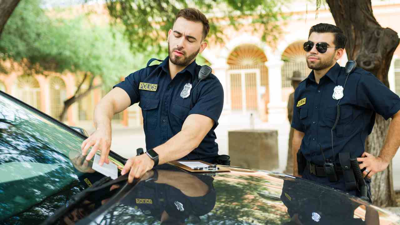Agenti di polizia che inseriscono una multa nei tergicristalli - Lineadiretta24.it